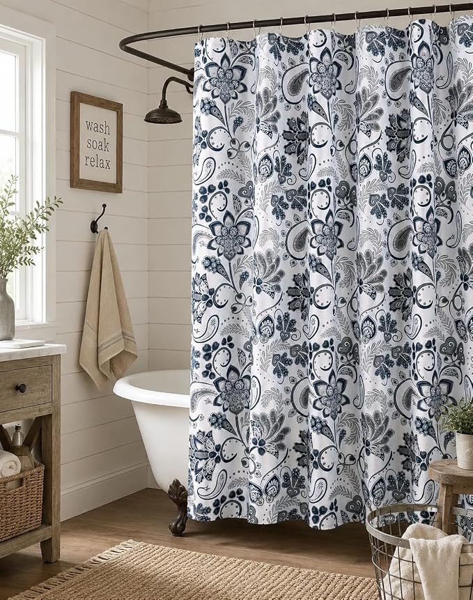 Hotel Quality Navy Gray Grey Fabric Bathroom Shower Curtain: Paisley Floral Leaf Damask Design on White (72 x 70 inches)