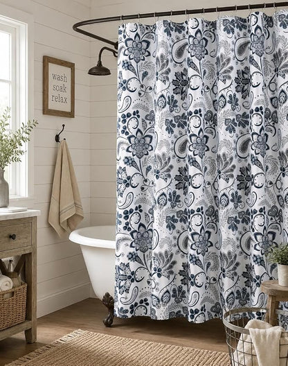 Hotel Quality Navy Gray Grey Fabric Bathroom Shower Curtain: Paisley Floral Leaf Damask Design on White (72 x 70 inches)