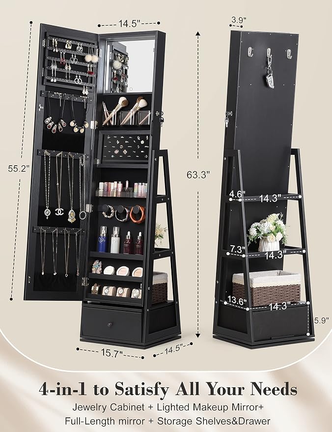 Nicetree 360° Swivel Jewelry Cabinet with Lights, Full Length Mirror, Black | Standing Mirror Jewelry Cabinet, Lockable Mirror with Storage, Lighted Interior Mirror, Rear Shelves, Flip-over Shelf