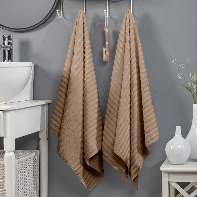 Elegant Comfort 100% Turkish Cotton Corduroy Ribbed Luxury Soft 2 Pack Bath Towels 27 x 54 Inch - Ultra Plush, Absorbent, Quick Dry, Hotel Spa Quality Towels for Bathroom Essentials, Taupe