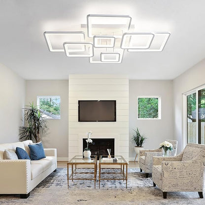 Modern Ceiling Light, 39.4'' Dimmable LED White Flush Mount Ceiling Lights with Remote Acrylic Round Ceiling Lamp Fixture for Low Ceiling Bedroom Living Room Dining Room, 100W