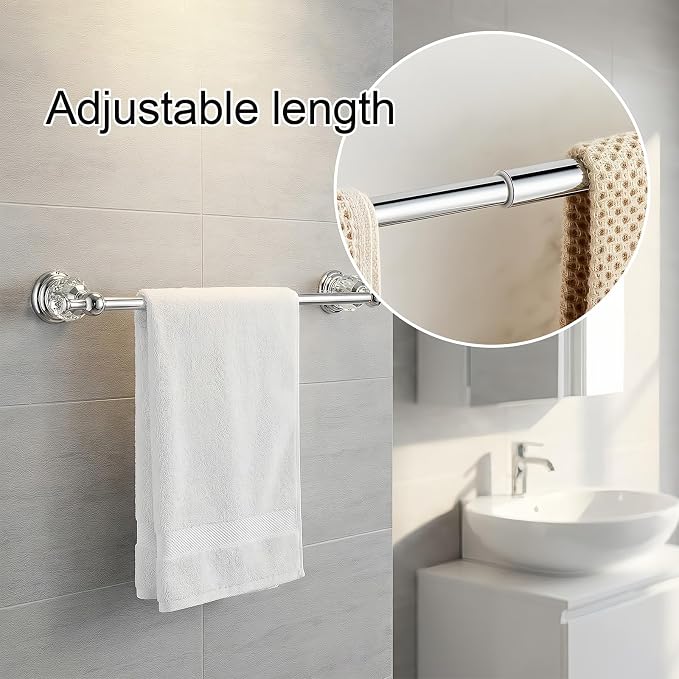 Chrome Crystal Bathroom Hardware Adjustable 24 Inch Towel Bar Set Toilet Paper Holder Towel Ring Coat Hooks Bathroom Accessories 4 Pieces Wall Mounted