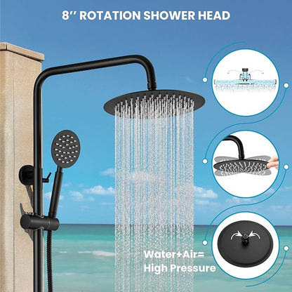gotonovo Outdoor Shower 304 Stainless Steel, Matte Black, Lever Handle | Rain 8 Inch Outdoor Shower Head with Handheld Kit Fixtures System Faucet Set with Valve Wall Mount for Seaside Backyard Pool