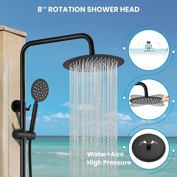 gotonovo Outdoor Shower 304 Stainless Steel, Matte Black, Cross Handle | Rain 8 Inch Outdoor Shower Head with Handheld Kit Fixtures System Faucet Set with Valve Wall Mount for Seaside Backyard Pool
