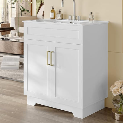 OLD CAPTAIN Bathroom Vanity with Ceramic Sink, 30" Freestanding Quick Assembly Bathroom Vanity Cabinet with Storage, White