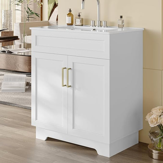 OLD CAPTAIN Bathroom Vanity with Ceramic Sink, 30" Freestanding Quick Assembly Bathroom Vanity Cabinet with Storage, White