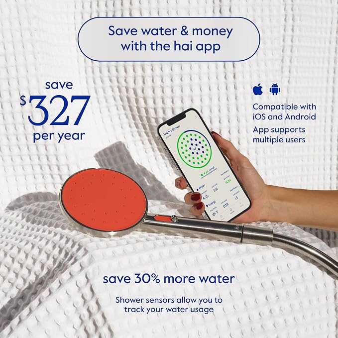 hai Smart Shower Head, Bluetooth Handheld Water Saving Showerhead with Adjustable High Pressure to Spa-Like Mist, Stainless Steel, Easy Installation, Customizable LED Lights, Persimmon, 1.8 GPM