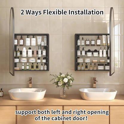 Arched Medicine Cabinet with Mirror,Bathroom Medicine Cabinet with Mirror Wall Mounted,Mirrored Medicine Cabinets with Adjustable Shelves,Not Recessed,24x36 Inch,Black