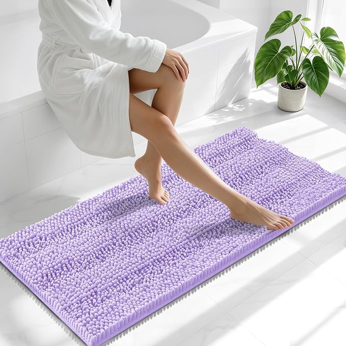 Smiry Thick Chenille Bathroom Runner Rugs 47x24, Soft Bath Mat, Lavender | Quick‑Dry & Machine Washable, Non‑Slip Bath Carpet, Striped Bath Rugs for Tub & Shower, Modern Home Decor Accessories