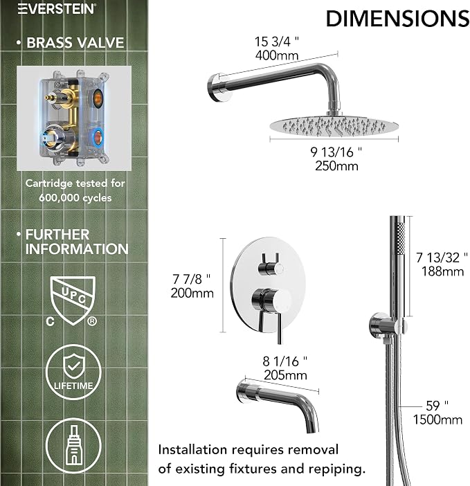 10" High-Pressure Rainfall Shower System with Handheld Spray, Wall Mount Bathroom Shower Faucet Set with Tub Spout (Chrome)