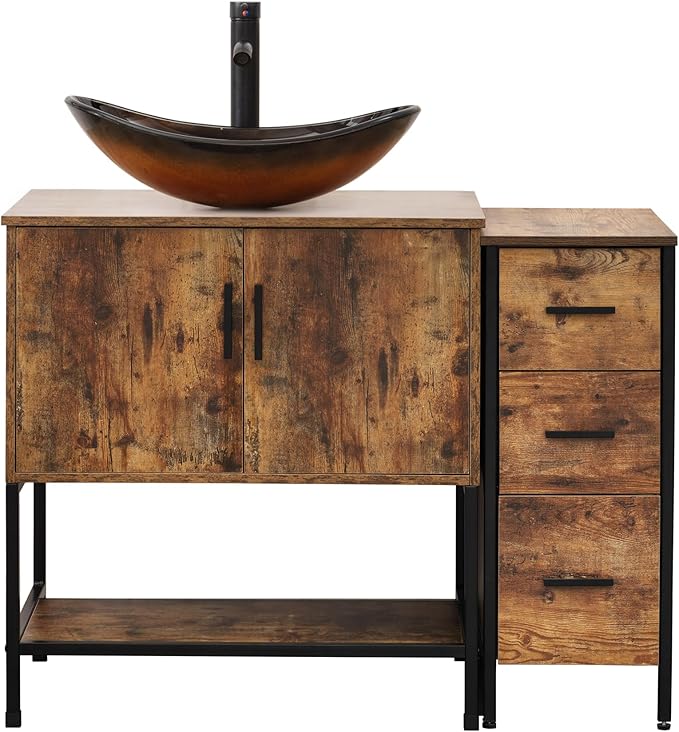 UEV 42" Rustic Brown Bathroom Vanity with Sink Combo,Industrial Iron Frame Bathroom Cabinet Sets with 3 Drawers Side Cabinet,Modern Brown Boat Tempered Glass Vessel Sink(029BR)