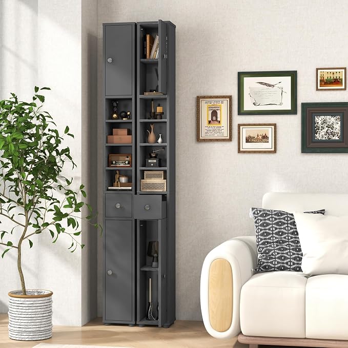 GIANTEX 71” Tall Slim Bathroom Storage Cabinet (Grey) | Narrow Floor Cabinet with 2 Doors, 5 Adjustable Shelves, 1 Drawer, Anti-Tipping Device for Small Spaces, Living Room, Kitchen