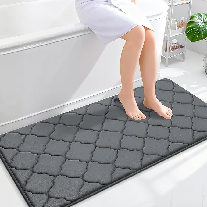 OLANLY Memory Foam Bath Mat Rug 47x24, Ultra Soft and Absorbent Bathroom Rugs, Non-Slip, Comfortable, Machine Washable Bath Carpet for Bathroom Floor, Tub, Shower and Home Decor Accessories, Dark Grey