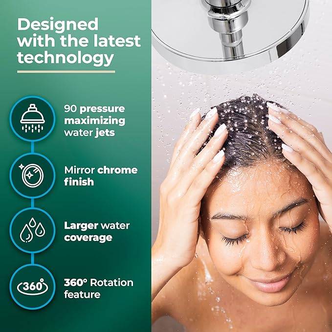 Winthorpe Water Saving Shower Head, High Pressure Showerhead with Widespread Coverage, Easy Installation, Modern Design, Low Flow Eco Mode, 90 Water Jets - Chrome