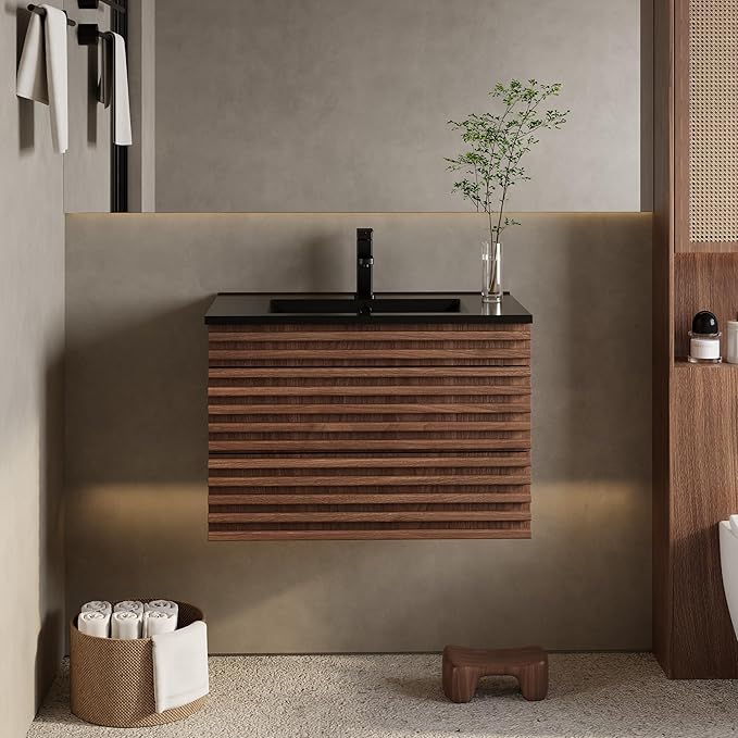 eclife 30" Floating Bathroom Vanity with Sink Combo, Mid-Century Wall Mounted Cabinet with Wood Stripes Decor, Drawers, Undermount Single Black Sink, Faucet, Drain, Cocoa Brown