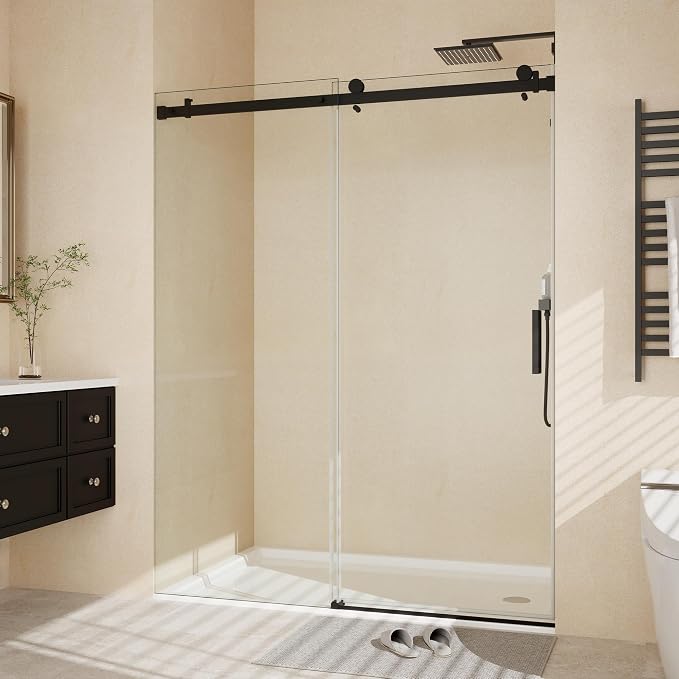 44-48" W x 76" H Frameless Sliding Shower Door，5/16" Thick Tempered Clear Glass with Explosion-Proof Film,Easy-to-Clean Coating,Handle and Seal Strip, Matte Black