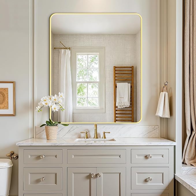 Vanity Bathroom Mirror, 36”x30” Gold Bathroom Mirror for Over Sink | HD Tempered Glass, Anti-Rust Frame, Vertical or Horizontal, Wall Mirrors for Bathroom Sink, Living Room, Entryway, Bedroom