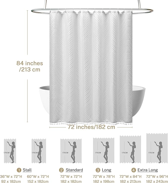 Extra Long White Boho Shower Curtain Woven Fabric Cute 84 Inch Shower Curtain, 72 x 84 Tufted Leaves Textured Striped Modern Farmhouse Minimalist Cloth for Bathroom
