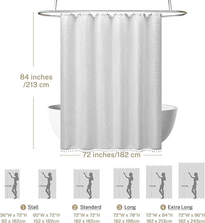 Extra Long White Boho Shower Curtain Woven Fabric Cute 84 Inch Shower Curtain, 72 x 84 Tufted Leaves Textured Striped Modern Farmhouse Minimalist Cloth for Bathroom