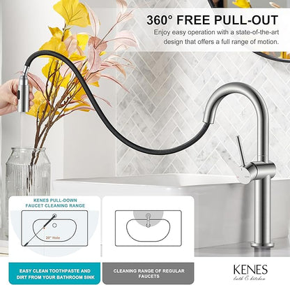 KENES Tall Bathroom Faucets with Pull Down Sprayer, Brushed Nickel Vessel Sink Faucet with Pull Out Sprayer, Single Handle Vanity Faucet 1 Hole with Pop Up Drain & Supply Lines, LJ-9065A