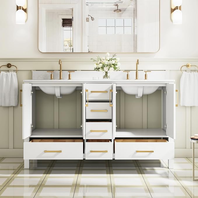 60-Inch Bathroom Vanity with Sink, 4 Soft-Close Doors and 6 Soft-Close Drawers, Bathroom Freestanding Vanity with Cultured Marble Countertop, White Vanity W/Gold Handles