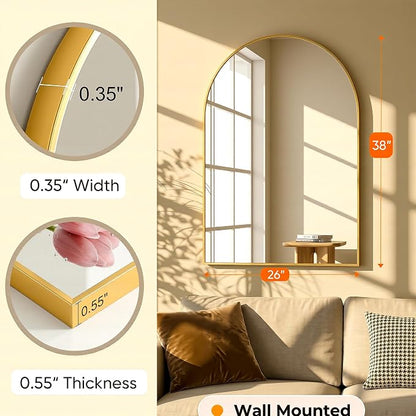 Antok Arched Bathroom Mirror, 26"x38" Wall Mounted Mirror, Vanity Mirrors for Over Sink, Aluminum Alloy Frame Bathroom Mirrors Living Room, Bedroom and Entryway, Gold