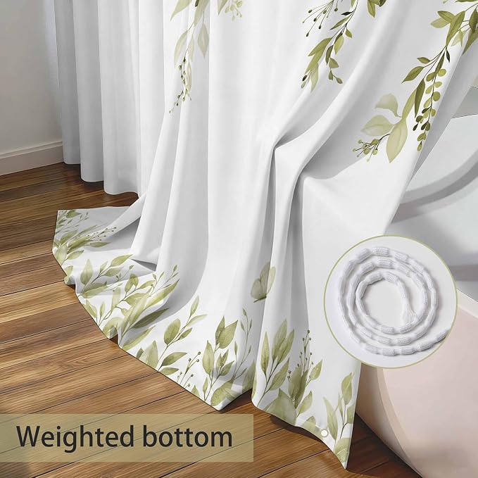 Beige Floral Eucalyptus Shower Curtain with Hooks, 72x72 Inch | Waterproof Fabric, Watercolor Leaves and Floral, Botanical Style, Machine Washable, Quick-Drying, for Hotel Bathroom