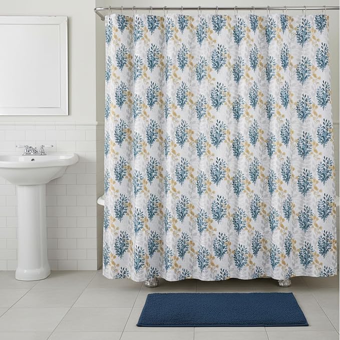 Serafina Home Hotel Quality Fabric Bathroom Shower Curtain: Floral Leaf Damask - Blue, Teal, Yellow, Grey and White (72 x 70 inches)