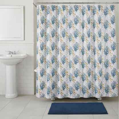 Serafina Home Hotel Quality Fabric Bathroom Shower Curtain: Floral Leaf Damask - Blue, Teal, Yellow, Grey and White (72 x 70 inches)