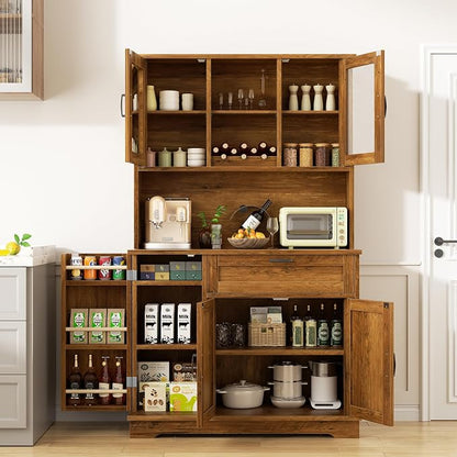 Shintenchi 68" Kitchen Pantry Storage Cabinet, with Microwave Stand, Brown | Freestanding Buffet Cabinet, with 3 Door Shelves, Kitchen Hutch with Doors, Adjustable Shelves and Wine Rack