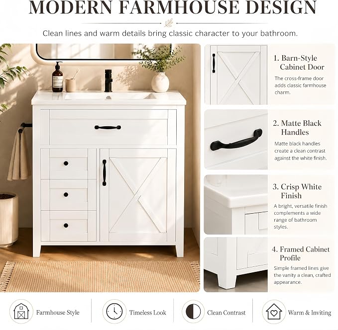 Bellemave 30" Bathroom Vanity with Sink, Bathroom vanities, White Bathroom Vanity with Drawers, Sink Cabinet, White 30"