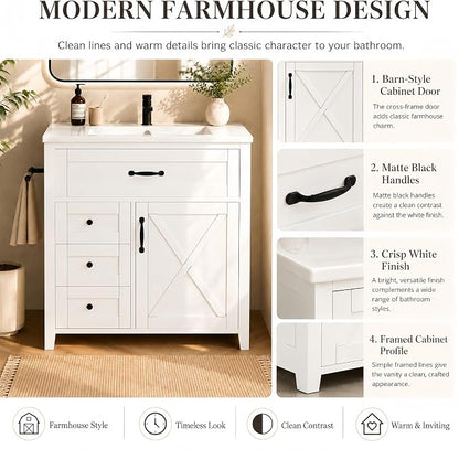 Bellemave 30" Bathroom Vanity with Sink, Bathroom vanities, White Bathroom Vanity with Drawers, Sink Cabinet, White 30"