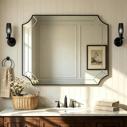 Black Bathroom Mirror, 30x40 Scalloped Mirror for Bathroom, Metal Framed Curved Vanity Mirror, Large Notched Corner Mirror with Delicate Tessellated Glass Design, Horizontal & Vertical