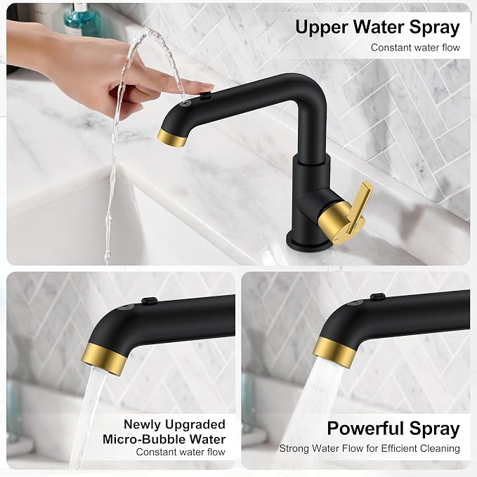 Black & Gold Pull Down Bathroom Faucet 1 Handle, 1 Hole Vanity Faucet | Pull Out Bathroom Faucet with Pop Up Drain & 6 Inch Deck Plate, Lead-Free cUPC & NSF Certified, 1 Hole Faucet for Vanity RV
