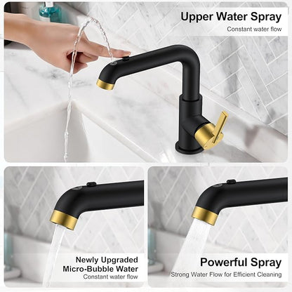 Black & Gold Pull Down Bathroom Faucet 1 Handle, 1 Hole Vanity Faucet | Pull Out Bathroom Faucet with Pop Up Drain & 6 Inch Deck Plate, Lead-Free cUPC & NSF Certified, 1 Hole Faucet for Vanity RV