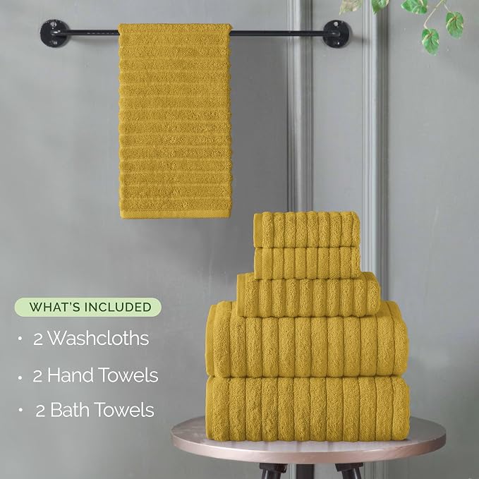 Elegant Comfort 100% Turkish Cotton Corduroy Ribbed Luxury Bath Towels 6-Piece Set, Premium Feel - Quick Dry, Highly Absorbent, Contains 2 Bath,2 Hand & 2 Washcloths,Gold(Pack of 4)