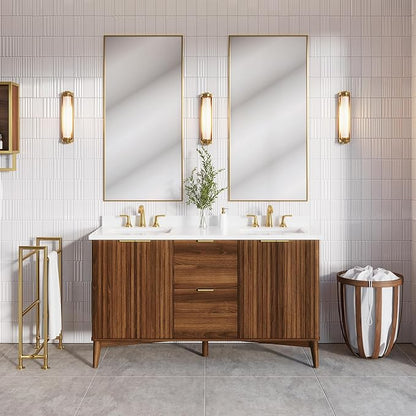 OVE Decors Indy 60 in. Undermount Double Sink Bathroom Vanity with White Engineered Marble Top, Warm Walnut