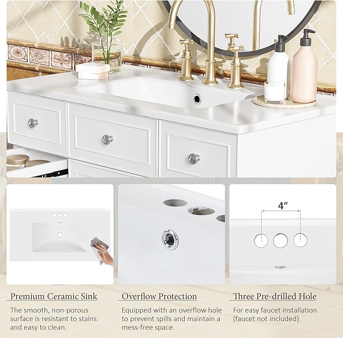 Favfurish 36" Bathroom Vanity with Ceramic Sink,Undermount Single Basin Bath Vanity Set w/Soft Closing Door and 3 Drawers,Modern Freestanding Storage Cabinet,Solid Wood Frame,White