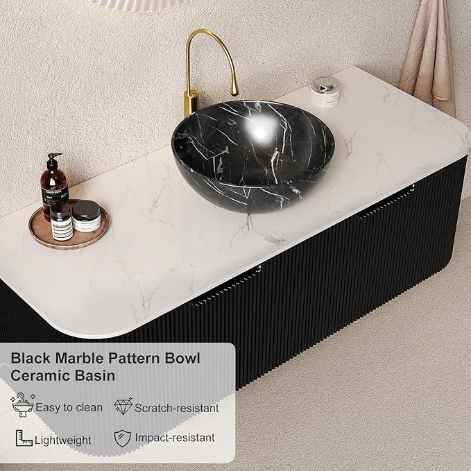 48" Floating Bathroom Vanity with Sink, Plywood Bathroom Vanities with Ultra-Thin Marble Ceramic Basin and Top, 2 Large Soft-Closing Storage Drawers, Pre-Assembled Cabinet, Gloss Black