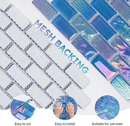 Pool Glass Mosaic Tiles, Iridescent Blue, 1x2 Inch Brick, 5 Sheets | Glass Linear Tile for Swimming Pool, Kitchen Backsplash, Shower, Bathroom Wall, Waterline, Fountain