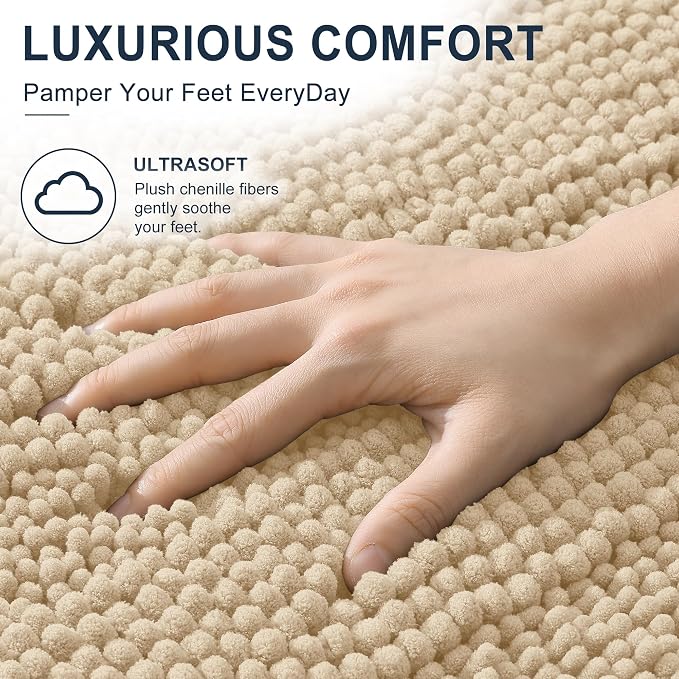 Smiry Thick Chenille Large Bathroom Runner Rugs 45x27, Soft Bath Mat, Beige | Quick‑Dry & Machine Washable, Non‑Slip Bath Carpet, Striped Bath Rugs for Tub & Shower, Modern Home Decor Accessories