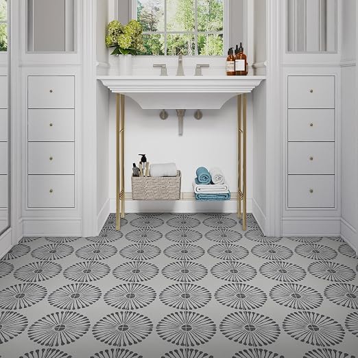 16-Sheet Peel and Stick Floor and Wall Tile, 9" x 9" Gray Stone Composite Self Adhesive Vinyl Flooring, Patterned Flower Groutable Backsplash Tile for Kitchen Bathroom Shower
