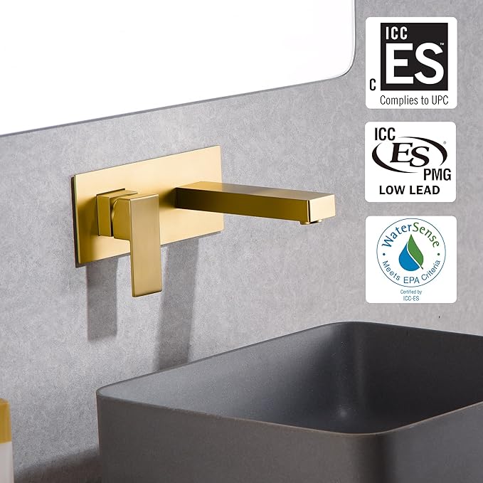 sumerain Wall Mount Bathroom Sink Faucet Brushed Gold and Rough in Valve Included, Left-Handed Single Handle