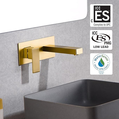 sumerain Wall Mount Bathroom Sink Faucet Brushed Gold and Rough in Valve Included, Left-Handed Single Handle