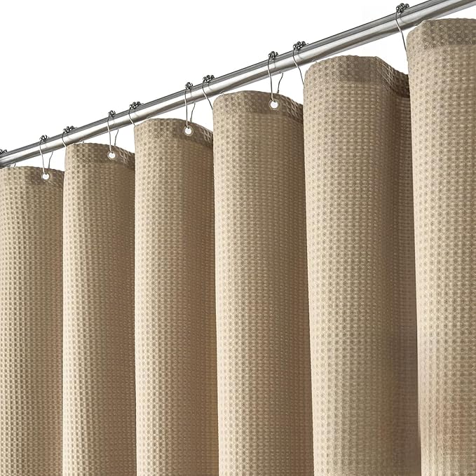 Stall Waffle Shower Curtain 256 GSM Heavy Fabric 60x84 Beige/Khaki | 60 x 84 Inch Long, Thick Cloth, Weighted Hem, Water Repellent, Hotel Luxury Polyester Shower Curtain Set for Bathroom 10 Hook