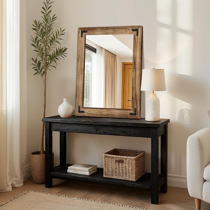 Bathroom Mirror for Wall, 24" x 32" Wooden Vanity Mirror | Solid Wood Frame, Rustic Farmhouse Style, Shatterproof Glass, for Bedroom, Living Room, Entryway Decor, Vertical/Horizontal