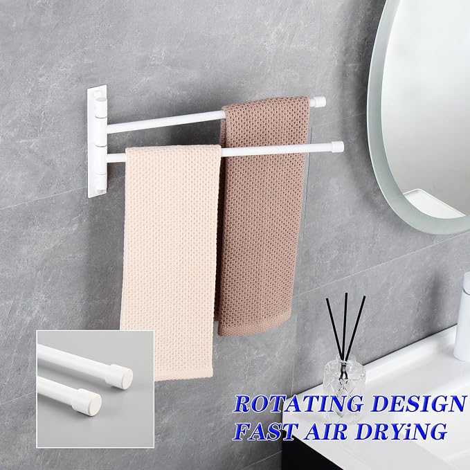 GERZWY Bathroom 2-Arm Swing Arm Towel Bars Wall Mount Stainless Steel Bath Towel Rack Hanger, White