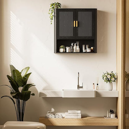 Bathroom Wall Cabinet, Wall-Mounted Medicine Cabinet with Adjustable Wood Shelf & Doors, Floating Bathroom Cabinet Over Toilet for Laundry Room & Kitchen & Living Room (Black)