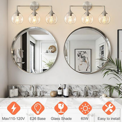 Bathroom Light Fixtures 3 Light Bathroom Vanity Light with Clear Glass Shade, 22 inch Vanity Lighting Fixtures Over Mirror, Vanity Lights Fixture (Exclude E26 Bulb) - Brushed Nickel