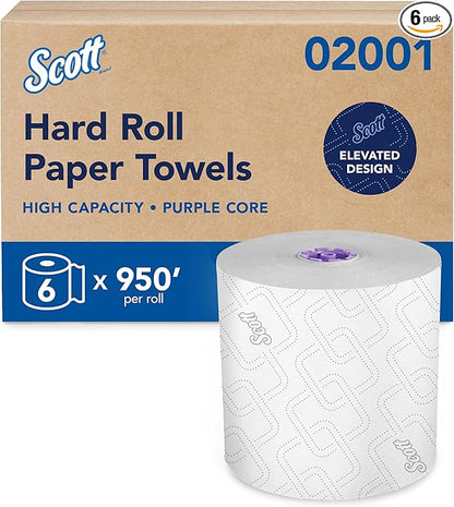 Scott Professional High-Capacity Hard Roll Paper Towels, Bulk (02001), Hardwound, Elevated Design, Absorbency Pockets, White, for ScottBrand Purple Core Dispensers (6 Rolls at 950' Each, 5,700'/Case)